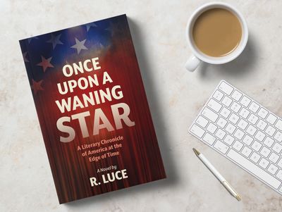 Book titled 'Once Upon a Waning Star' next to a coffee cup and keyboard.
