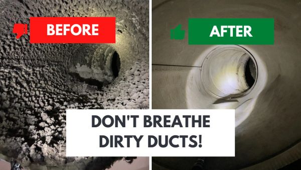 Before and after showing a dusty metal air duct and a clean metal air duct.