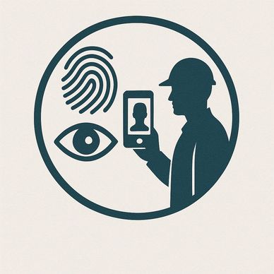Icon showing biometric security with fingerprint, eye, and face recognition.