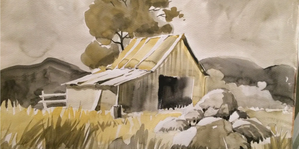 Old barn painted in a limited watercolor palette