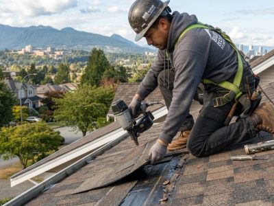 A worker repairing a roof with a nail gun.