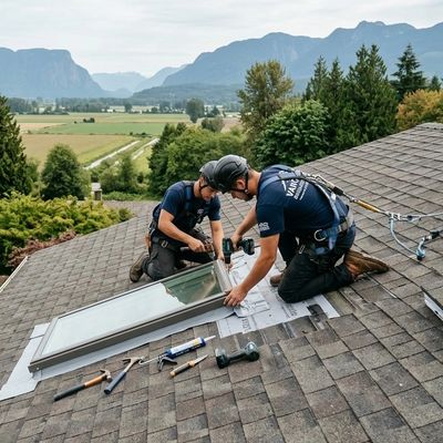 Two workers installing a skylight on a roof with a mountainous backdrop.