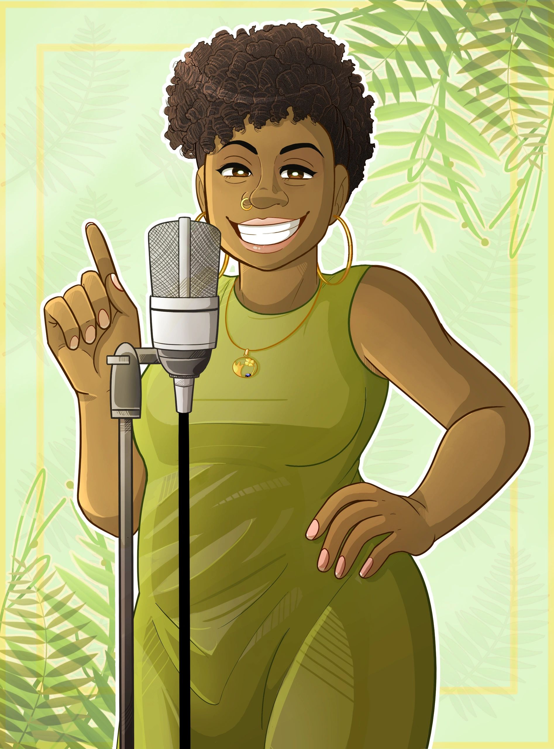 Angelique in animated form standing by a microphone with one arm akimbo.