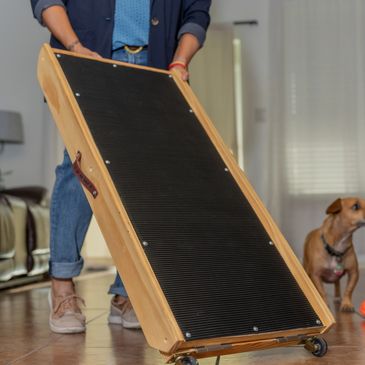 A woman rolling a portable dog ramp with attached wheels through a living room for easy mobility.