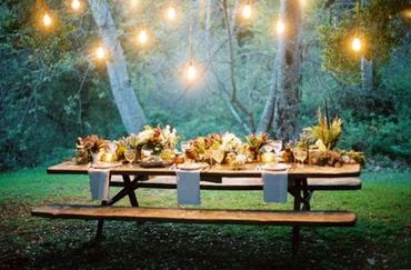 A table set for a forest wedding handfasting