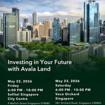 City skyline with event details for Avala Land investment sessions in Singapore.