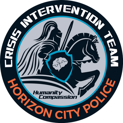 Knight on horse with brain shield, says "Crisis Intervention Team – Horizon City Police."