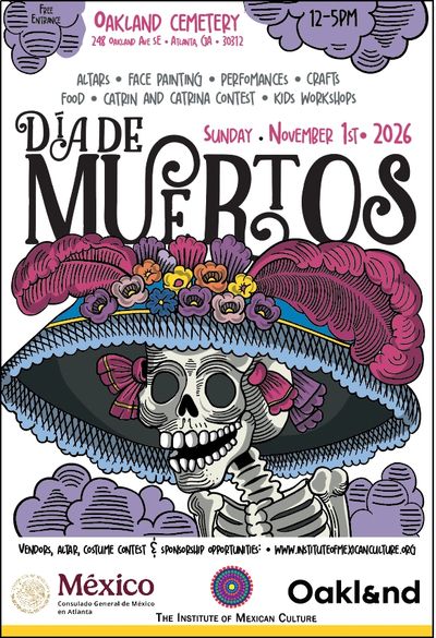 Colorful Día de Muertos event poster with skeleton in festive hat, November 1, 2026, Oakland Cemetery.