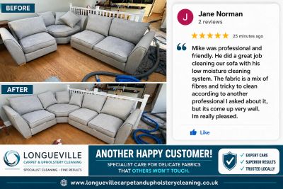Before and after photo of a viscose sofa ,sucessfully cleaned in Helpston Peterborough