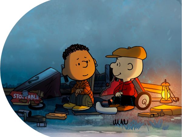 Two cartoon characters sit and chat near a glowing lantern at dusk.
