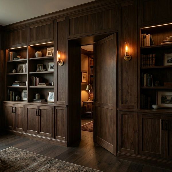 Cozy wooden library with hidden door