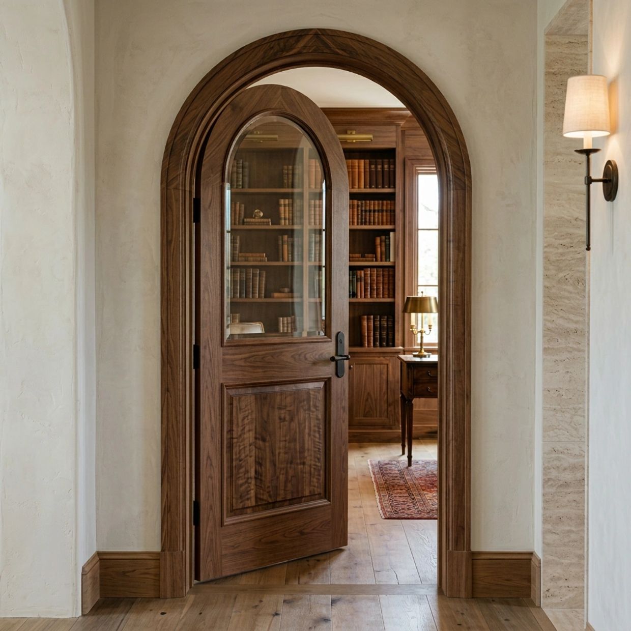 Elegant wooden arched door opens to a cozy library room.
