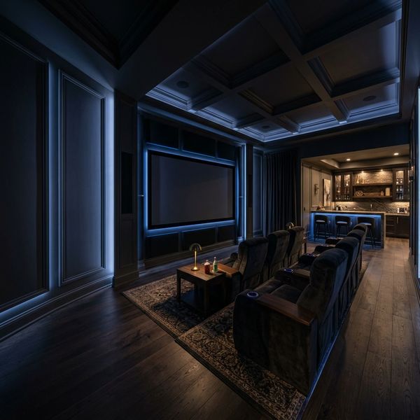 Modern home theater room with blue ambient lighting and bar area.