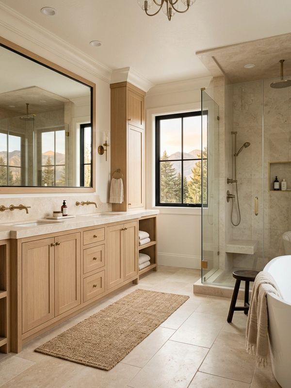 Modern bathroom with wooden cabinetry.