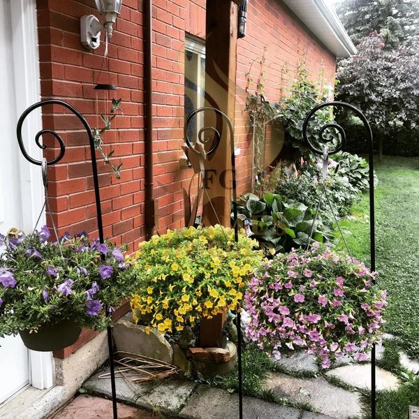 Three hanging flower baskets with purple, yellow, and pink flowers in a garden.