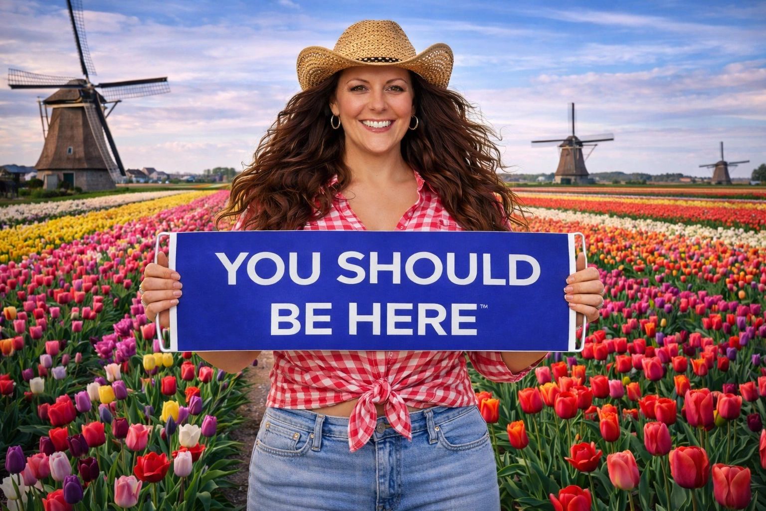 Smiling woman in a straw hat holding a sign that says 'YOU SHOULD BE HERE' in a colorful tulip field.