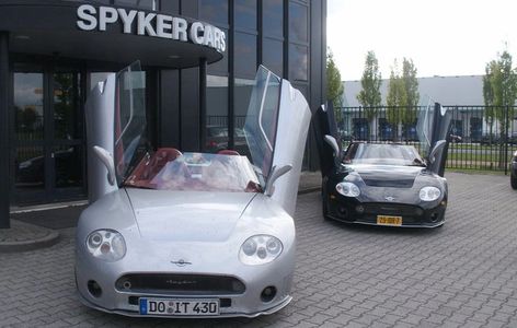 Two Spyker C8 Spyder's outside Spyker HQ in the Netherlands