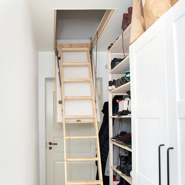 An attic access drop ladder.