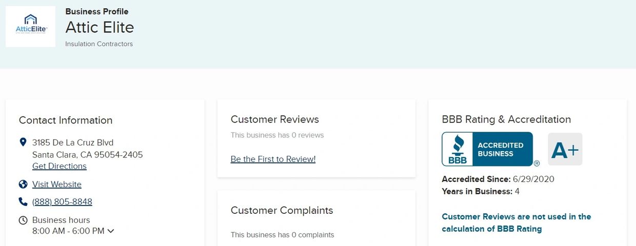 Screen shot of Attic Elite's BBB rating.
