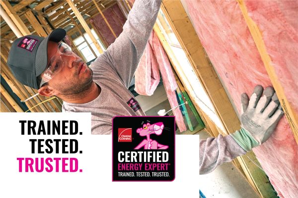 Worker installs pink insulation, emphasizing training and trust in energy expertise.