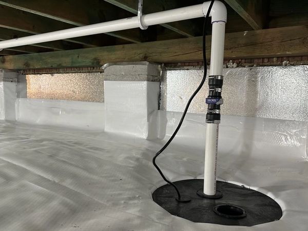 Crawl vapor barrier and space sump pump.