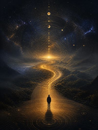 A solitary figure standing before a luminous golden path leading into a cosmic horizon.