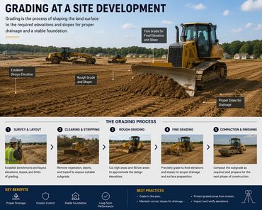 Construction equipment grading land for proper drainage and stable foundation.