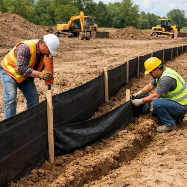 Workers installing a black silt fence at a construction site.