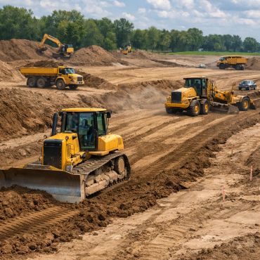 Heavy construction equipment working on a large dirt excavation site.
