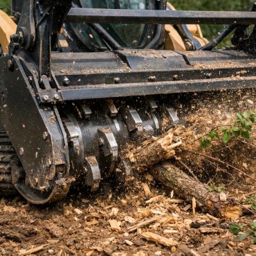 Heavy machinery mulching tree branches into wood chips.