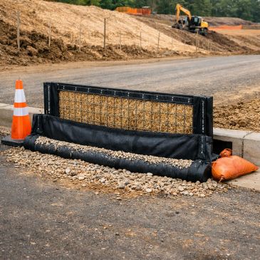 Sediment control barriers at a construction site to prevent soil erosion.