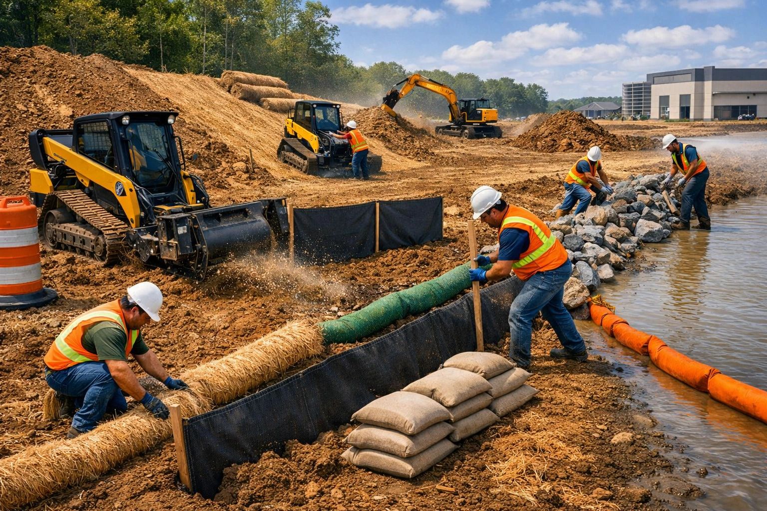 Construction workers and machinery building a waterfront erosion barrier.