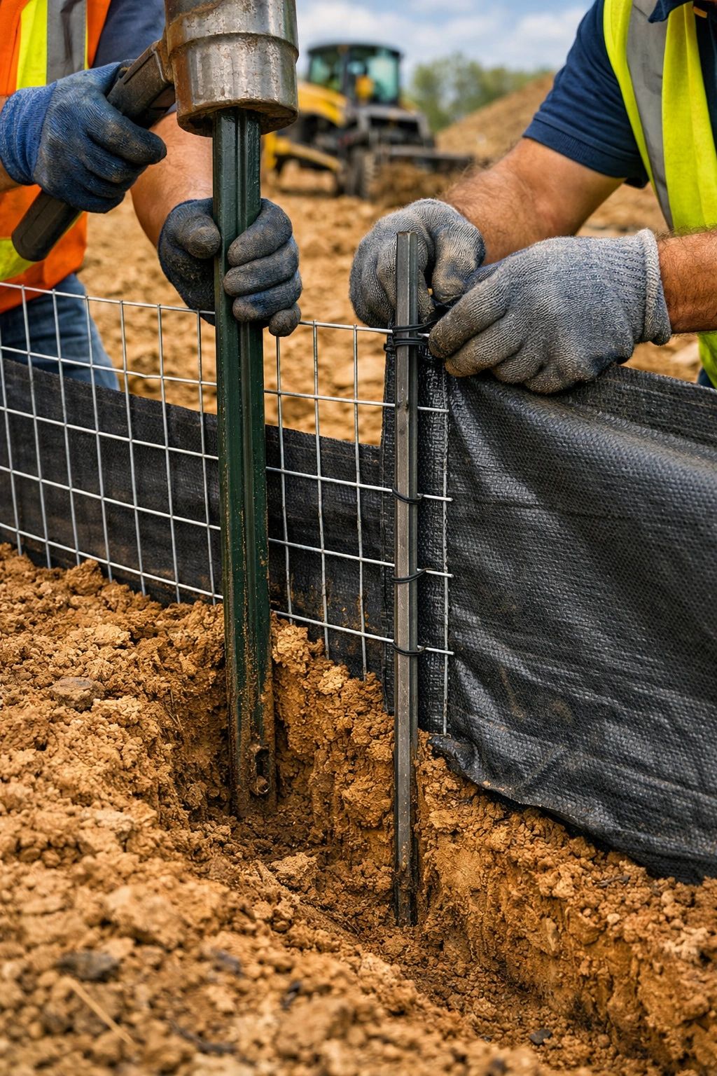 Construction workers installing a silt fence at a site.