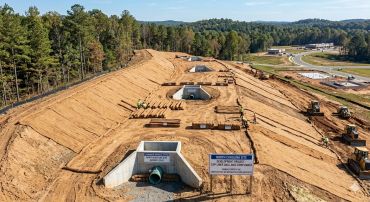 Construction site with drainage infrastructure and workers in North Carolina.