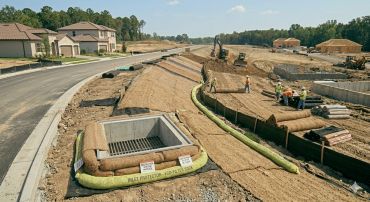 Construction workers installing inlet protection and erosion control measures at a residential development site.