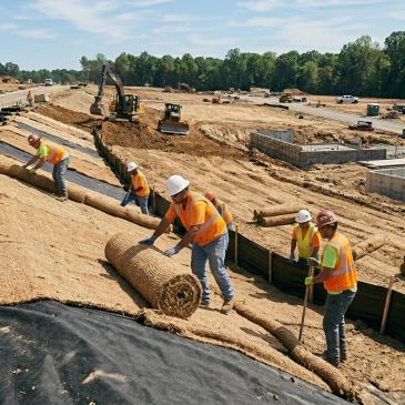 Construction workers installing erosion control mats on a large dirt slope.