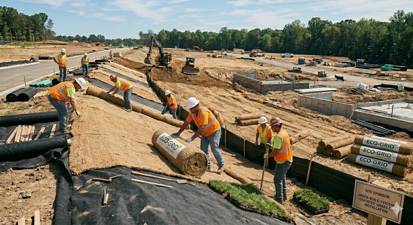 Workers laying ECO-GRID certified grass mats at a construction site for eco-friendly landscaping.