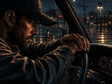A man sits pensively inside a car on a rainy night.