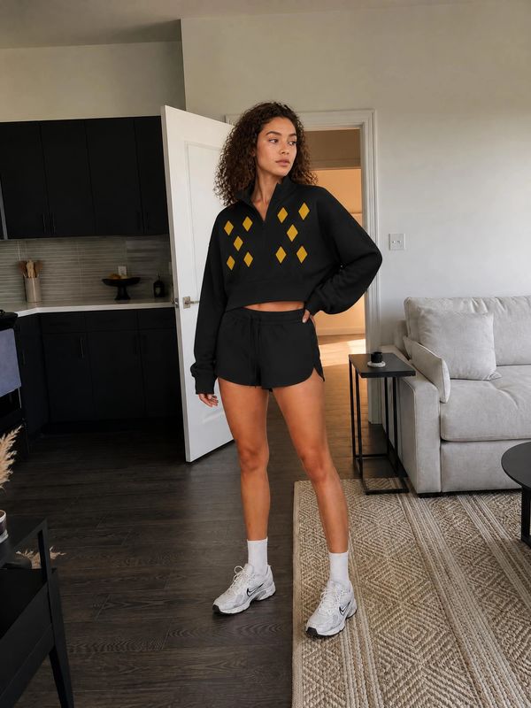 Woman in black sportswear stands in a modern living room.