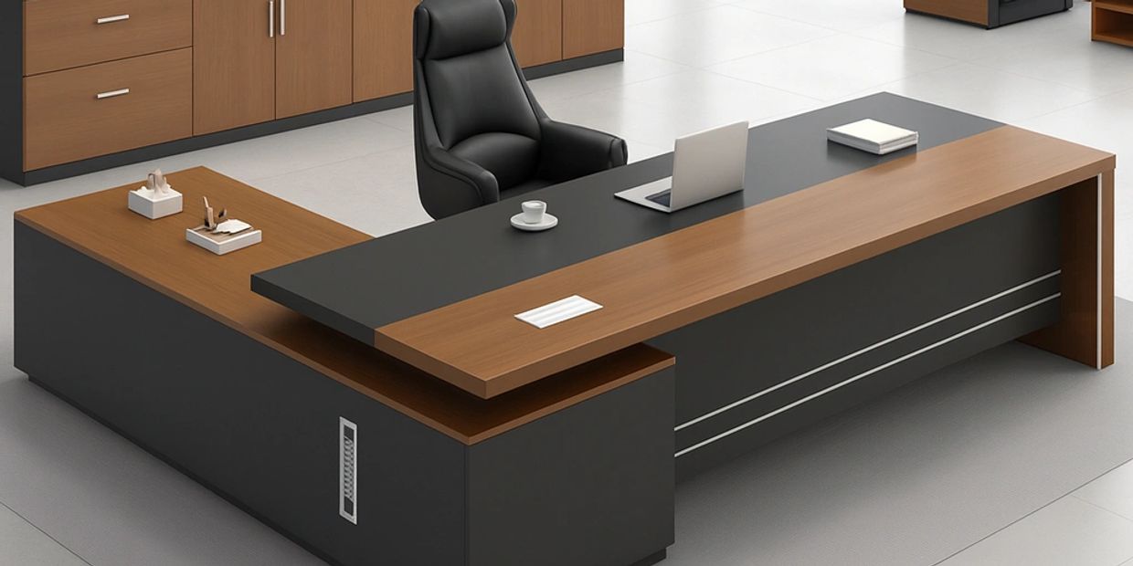 Modern executive office with sleek wooden and black furniture and city skyline view.