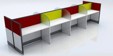 office workstations in Noida with linear designs and closed partitions in red and yellow