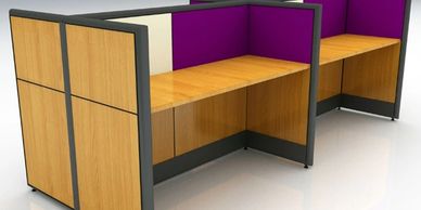 office workstations in Noida with purple and white screens