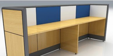 office workstations in Noida with linear workstations and blue and white writing board screen