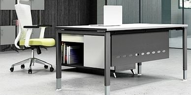 Office furniture manufacturer-office table design with metal legs and large filing cabinet behind