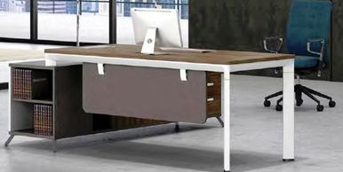 Office furniture manufacturer-office table design with metal legs and open side credenza brown color
