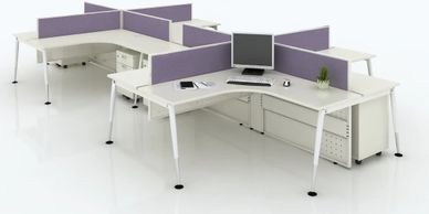 office workstations in Noida with L shape table top angular white legs and purple color screens