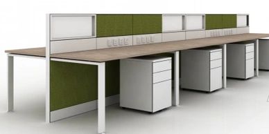 office workstations in Noida with Linear shape table top green and white color partitions