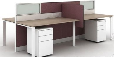 office workstations in Noida with Linear shape table top taupe and white color partitions
