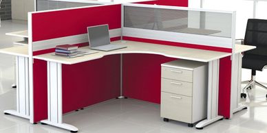 office workstations in Noida with l shape table top and red color partitions