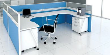 office workstations in Noida with u shape table top and  blue color partitions